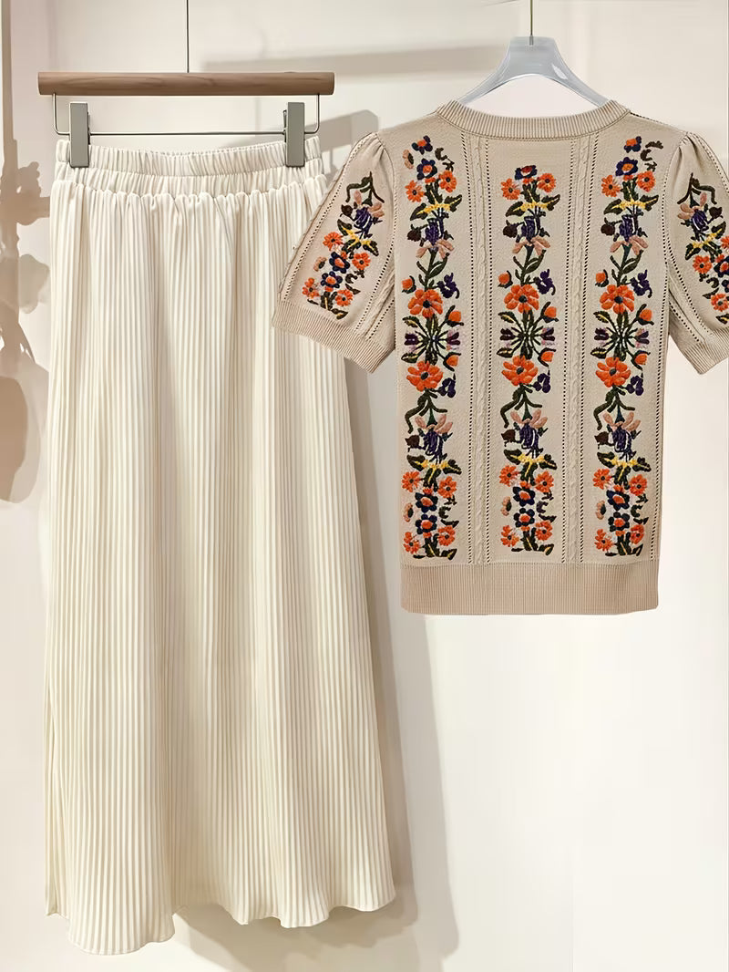 Rose Embroidery Top & Midi Skirt Set