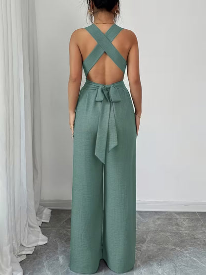 Elegant Cross-Back Wide Leg Jumpsuit for Women – Sleeveless Backless Casual Party Romper