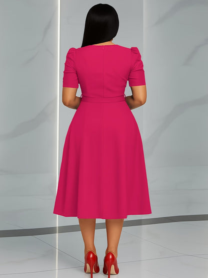 Women's Elegant V-Neck Ruffle Midi Dress with Waist Belt