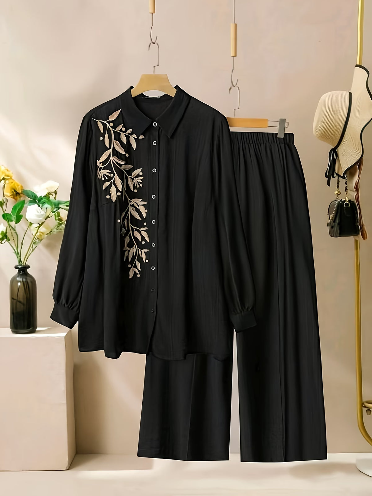 Women’s Solid Button-Down Shirt & Pant Set