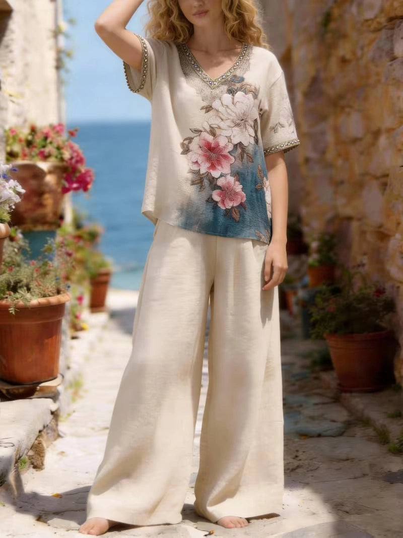 Women's Vintage Floral V-Neck Co-Ord Set with Relaxed Wide-Leg Pants