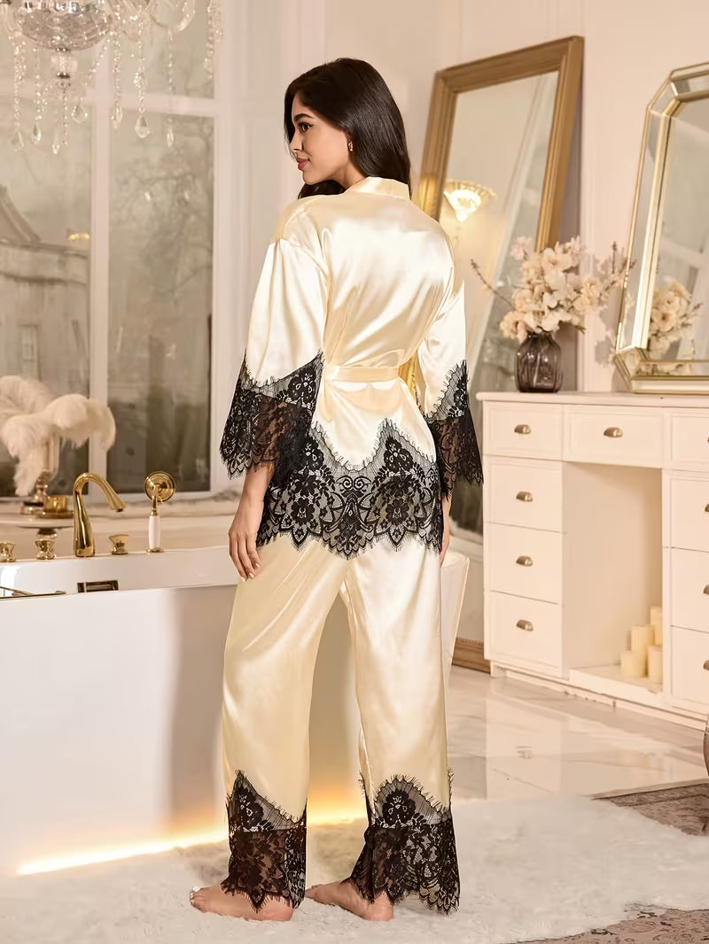 Elegant Lace Trim Robe & Pajama Set