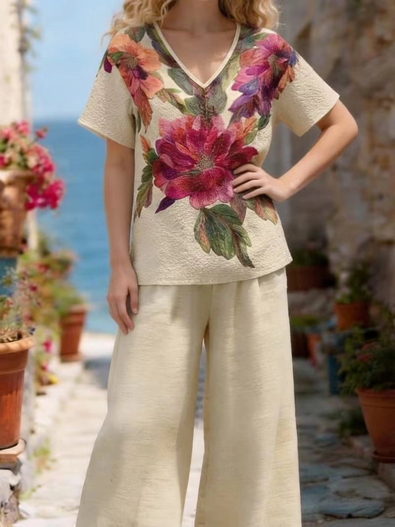 Women's Vintage Floral V-Neck Co-Ord Set with Relaxed Wide-Leg Pants