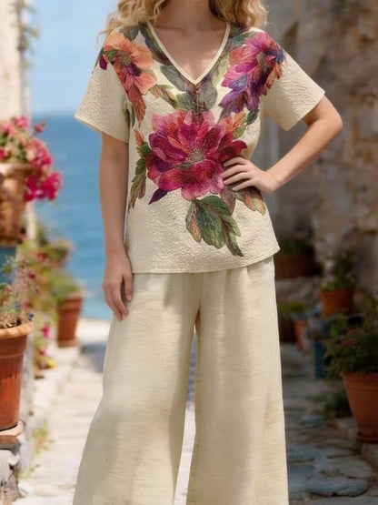 Women's Vintage Floral V-Neck Co-Ord Set with Relaxed Wide-Leg Pants