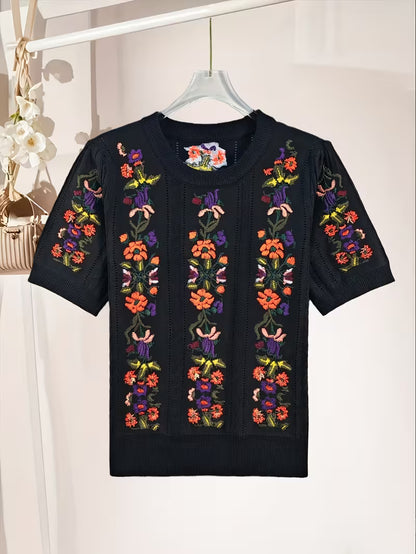 Rose Embroidery Top & Midi Skirt Set