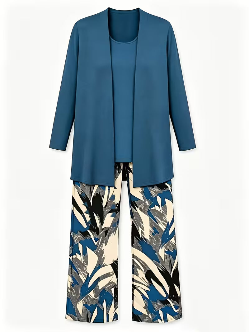 Women's 3-Piece Printed Co-Ord Set | Cardigan, Tank Top & Wide-Leg Pants