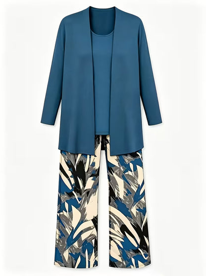 Women's 3-Piece Printed Co-Ord Set | Cardigan, Tank Top & Wide-Leg Pants