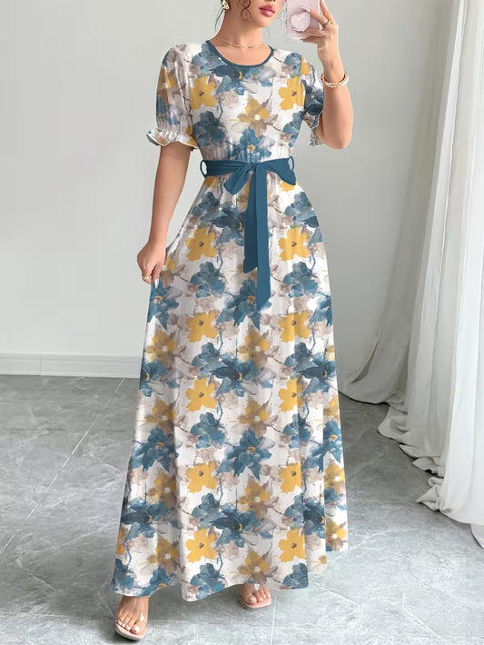 Women's Printed Belted Maxi Dress | Elegant Puff Sleeve Summer Dress