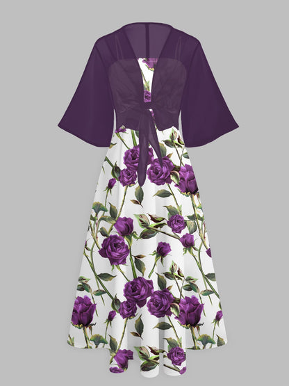 Elegant Women's Vintage Artistic Floral Print Dress Set