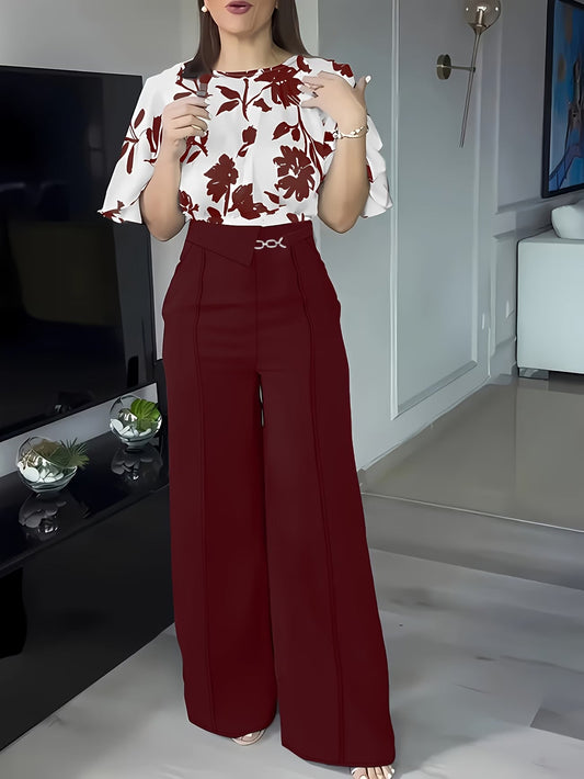 Women's Elegant Printed Shirt & Relaxed Pants Two-Piece Set