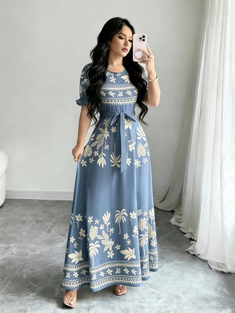 Women's Printed Belted Maxi Dress | Elegant Puff Sleeve Summer Dress