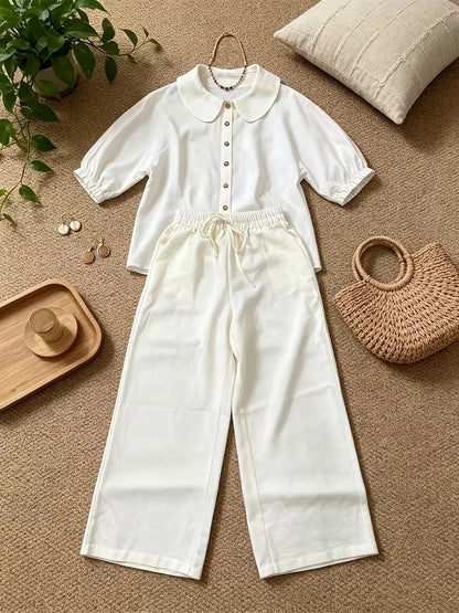Women's Peter Pan Collar 2-Piece Co-Ord Set | Elegant Shirt & Wide-Leg Pants