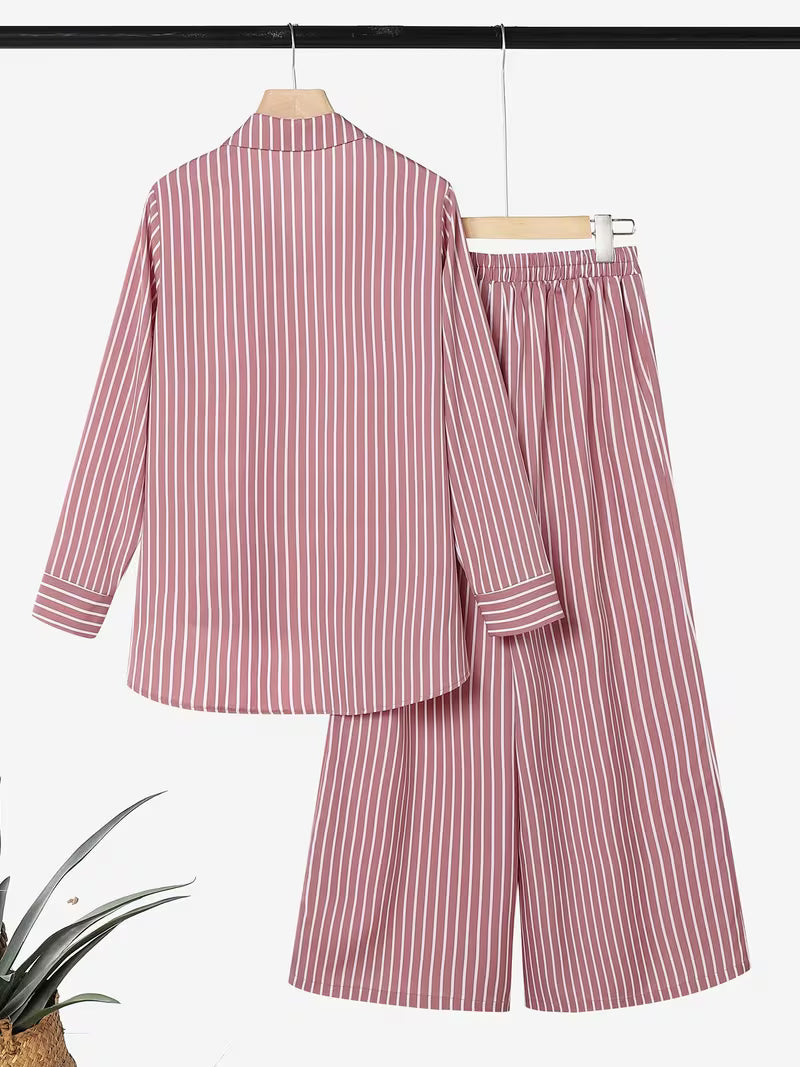 Women's Striped 2-Piece Co-Ord Set | Long Sleeve Shirt & Straight Pants