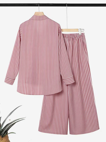 Women's Striped 2-Piece Co-Ord Set | Long Sleeve Shirt & Straight Pants