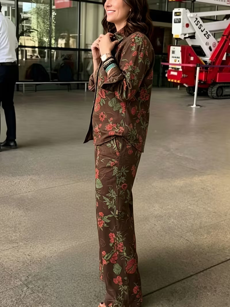 Women's Vintage Floral 2-Piece Co-Ord Set | Botanical Shirt & Straight-Leg Pants