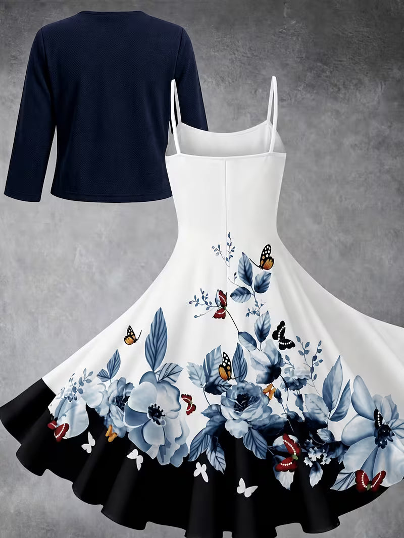 Elegant Women's Vintage Artistic Floral Print Dress Set