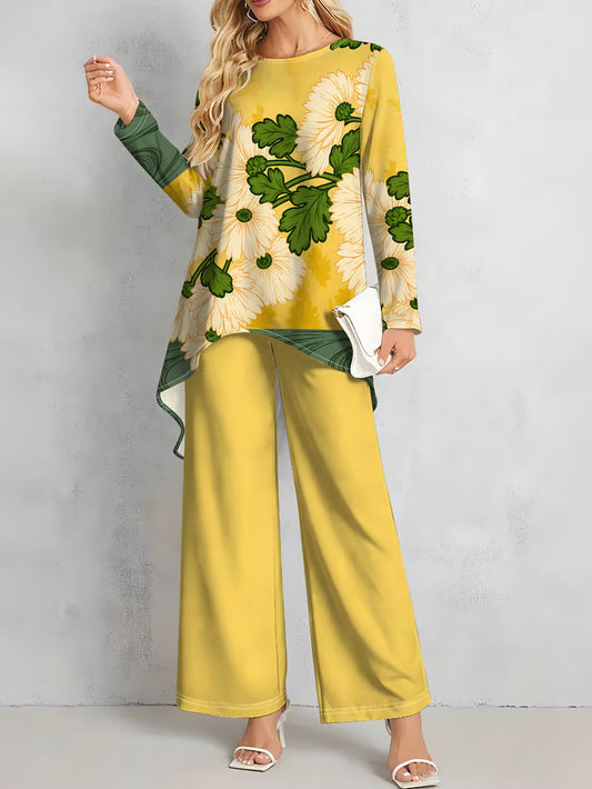 Women’s Long-Sleeve Floral Suit – Light Red Flowers on Gray, Casual & Vacation Wear