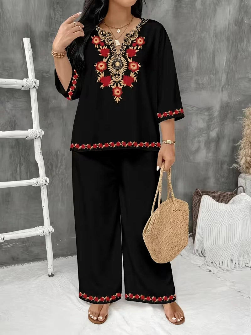 Women's Vintage Floral V-Neck Co-Ord Set with Relaxed Wide-Leg Pants