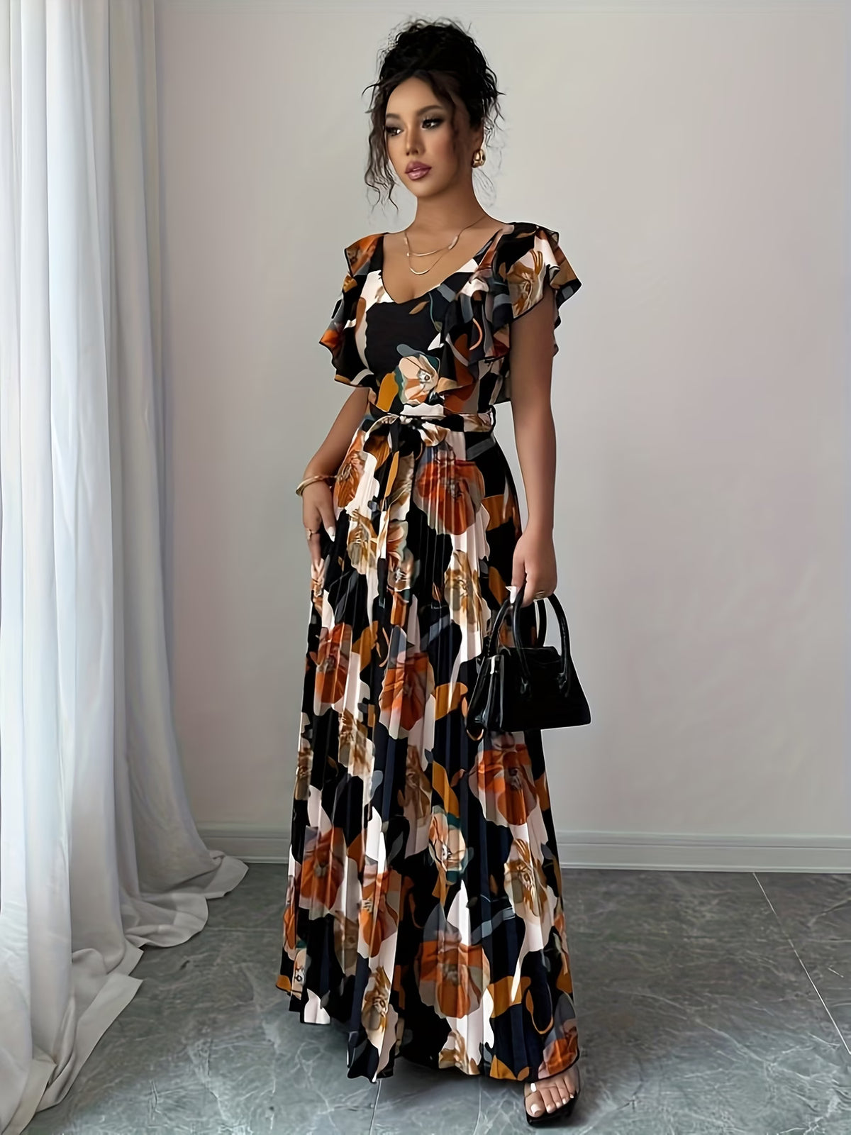 Women’s Floral Printed Pleated Maxi Dress
