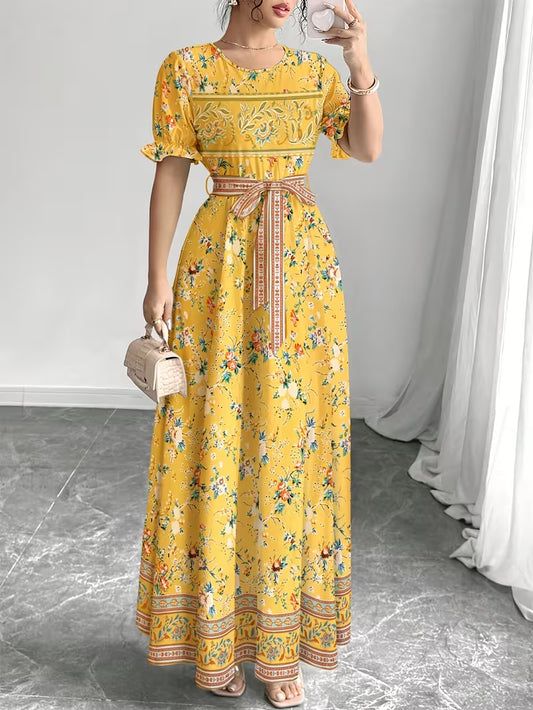 Women's Printed Belted Maxi Dress | Elegant Puff Sleeve Summer Dress
