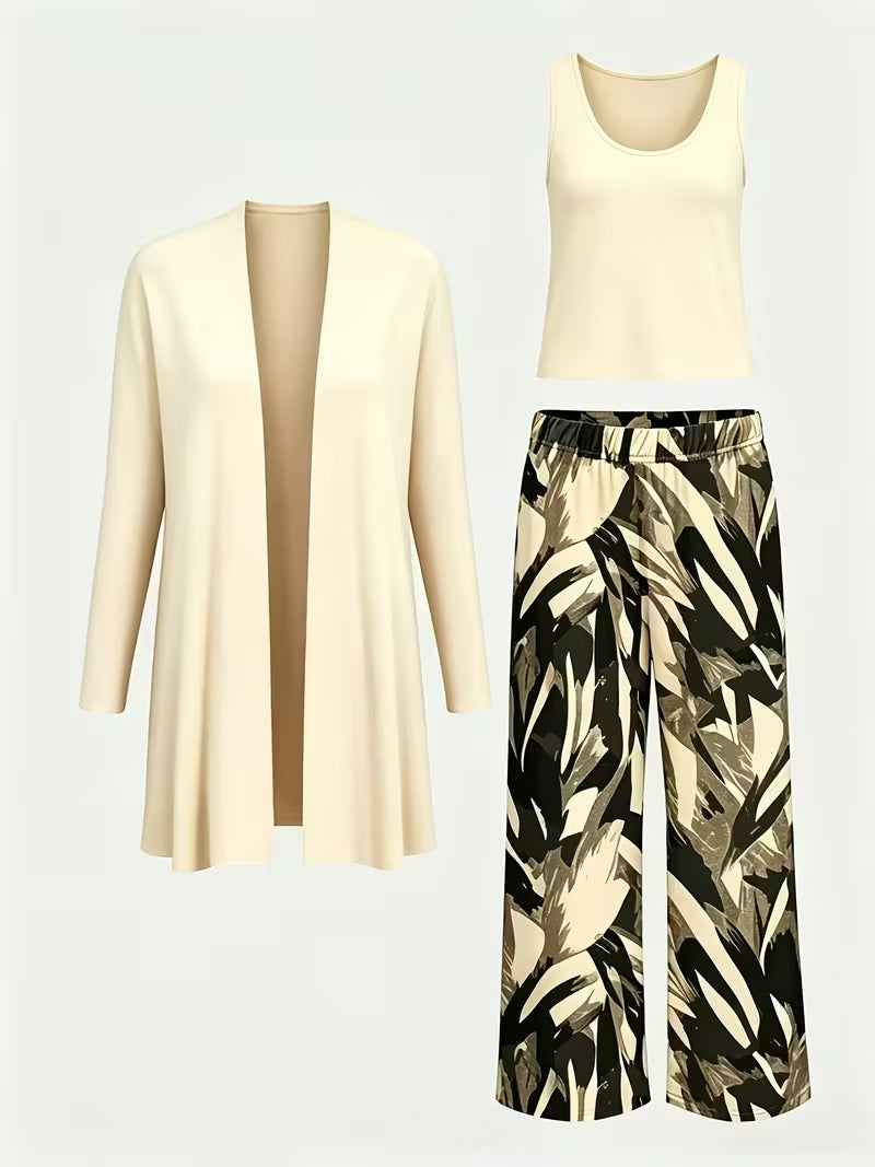 Women's 3-Piece Printed Co-Ord Set | Cardigan, Tank Top & Wide-Leg Pants