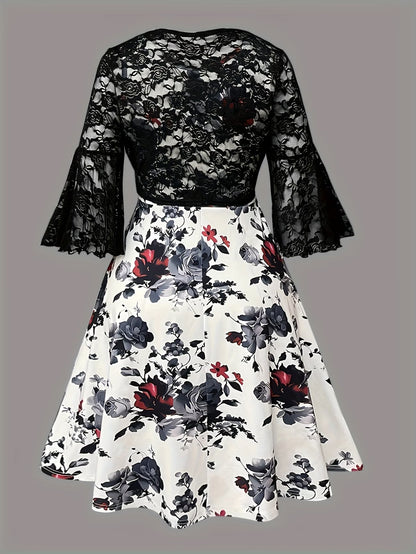 Plus Size Women Elegant Lace Coat & Printed Vest Dress 2-Piece Outfit Set