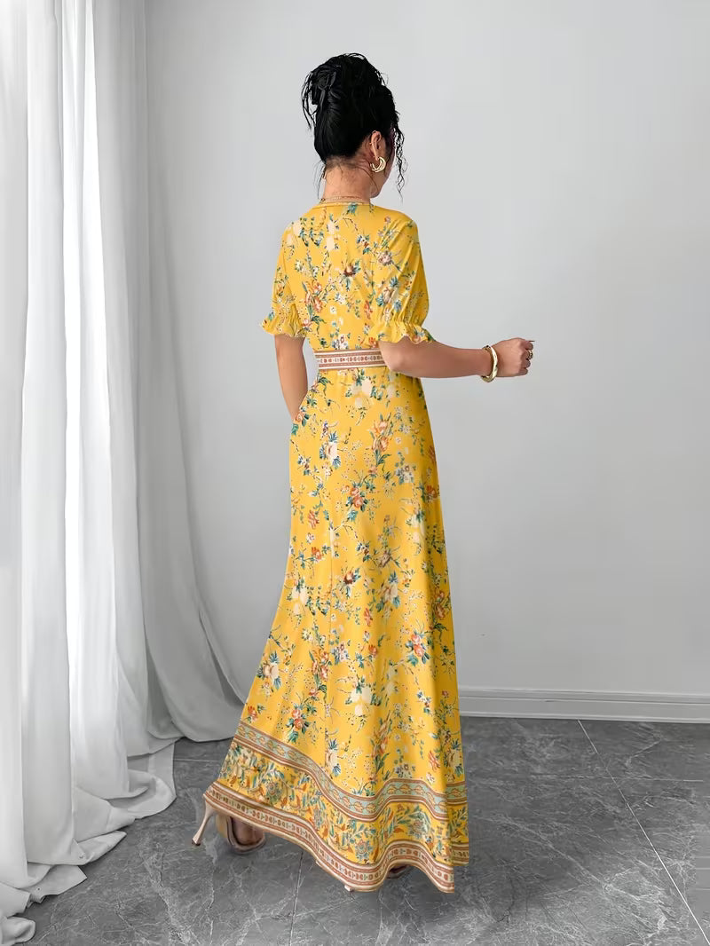 Women's Printed Belted Maxi Dress | Elegant Puff Sleeve Summer Dress