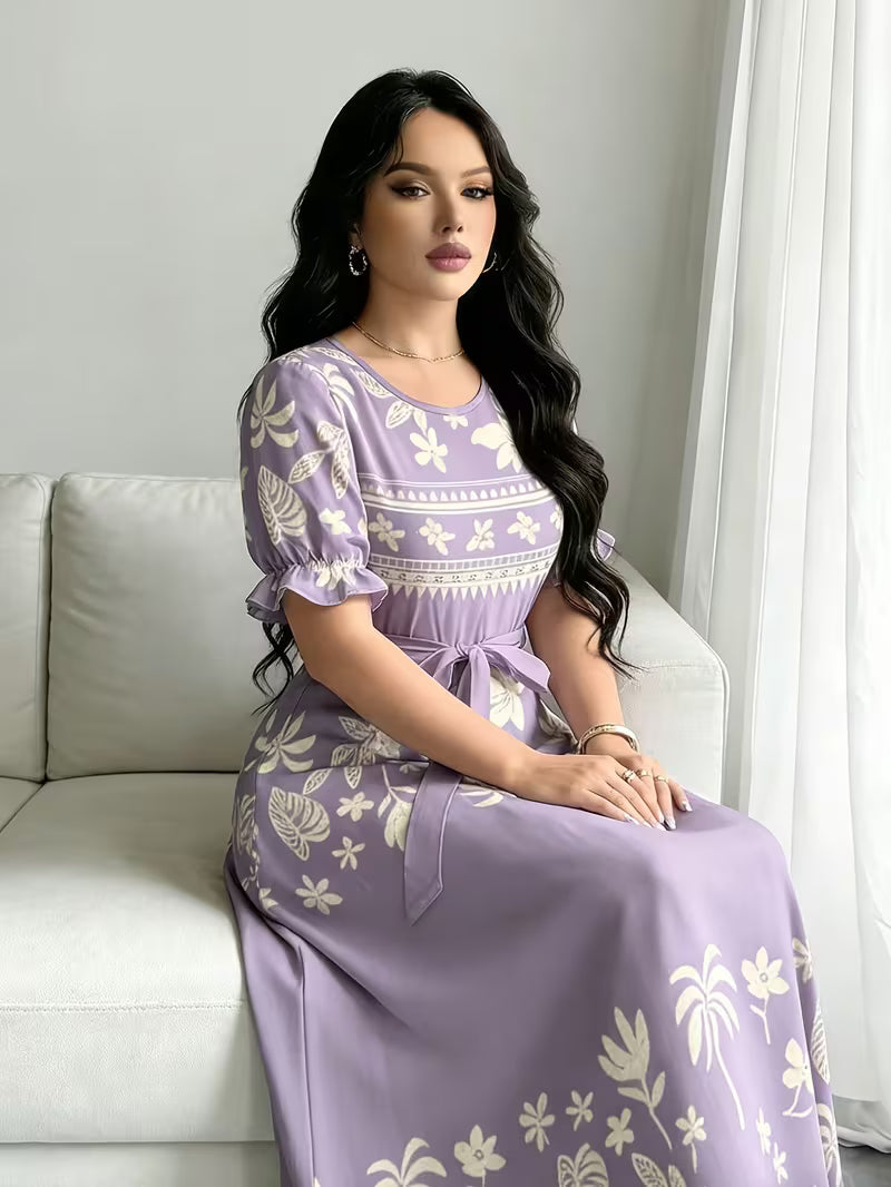 Women's Printed Belted Maxi Dress | Elegant Puff Sleeve Summer Dress