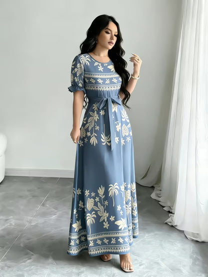 Women's Printed Belted Maxi Dress | Elegant Puff Sleeve Summer Dress