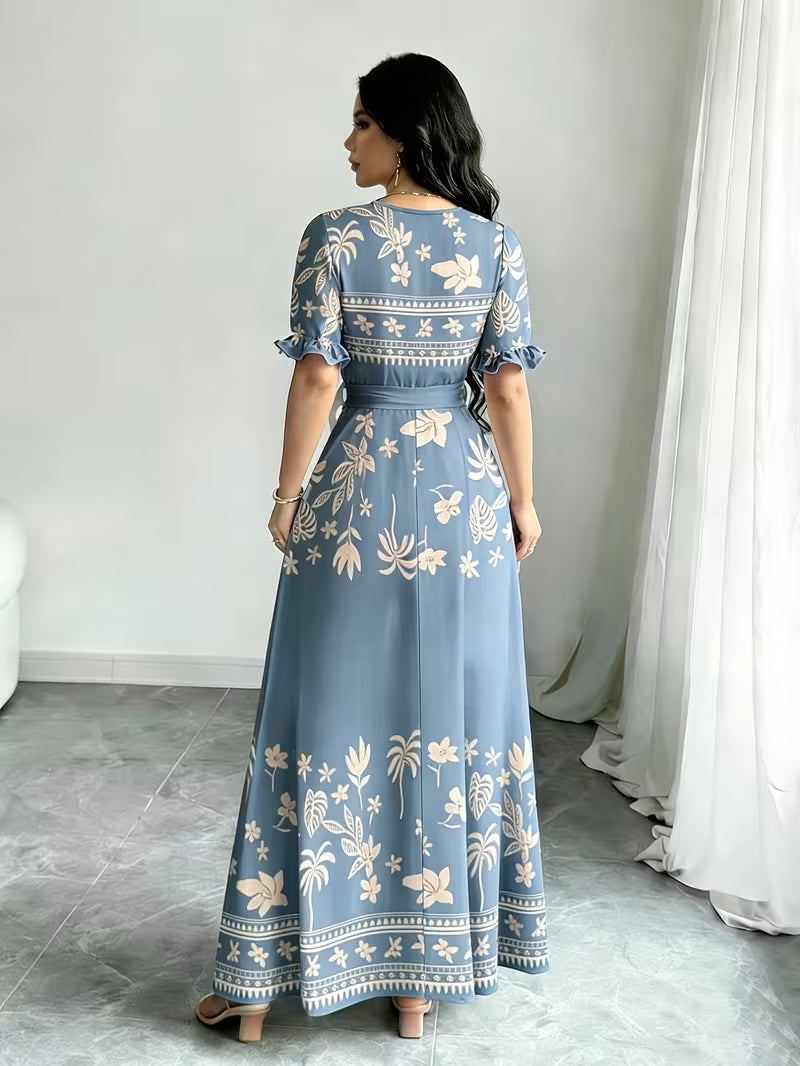 Women's Printed Belted Maxi Dress | Elegant Puff Sleeve Summer Dress