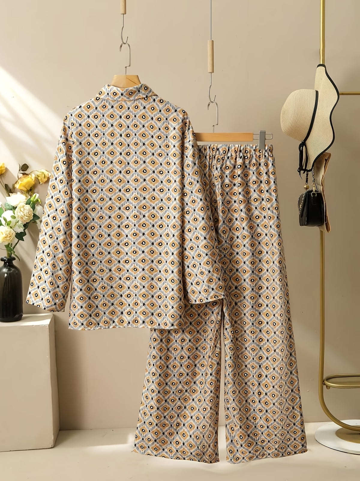 Women’s Solid Button-Down Shirt & Pant Set