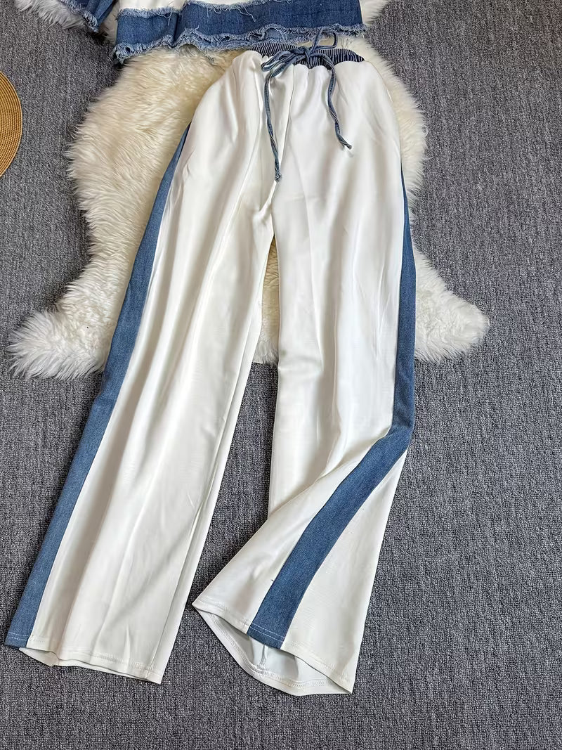 Women's Denim Patchwork 2-Piece Co-Ord Set | Premium Top & Straight-Leg Pants