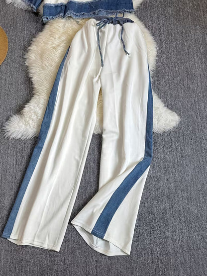 Women's Denim Patchwork 2-Piece Co-Ord Set | Premium Top & Straight-Leg Pants