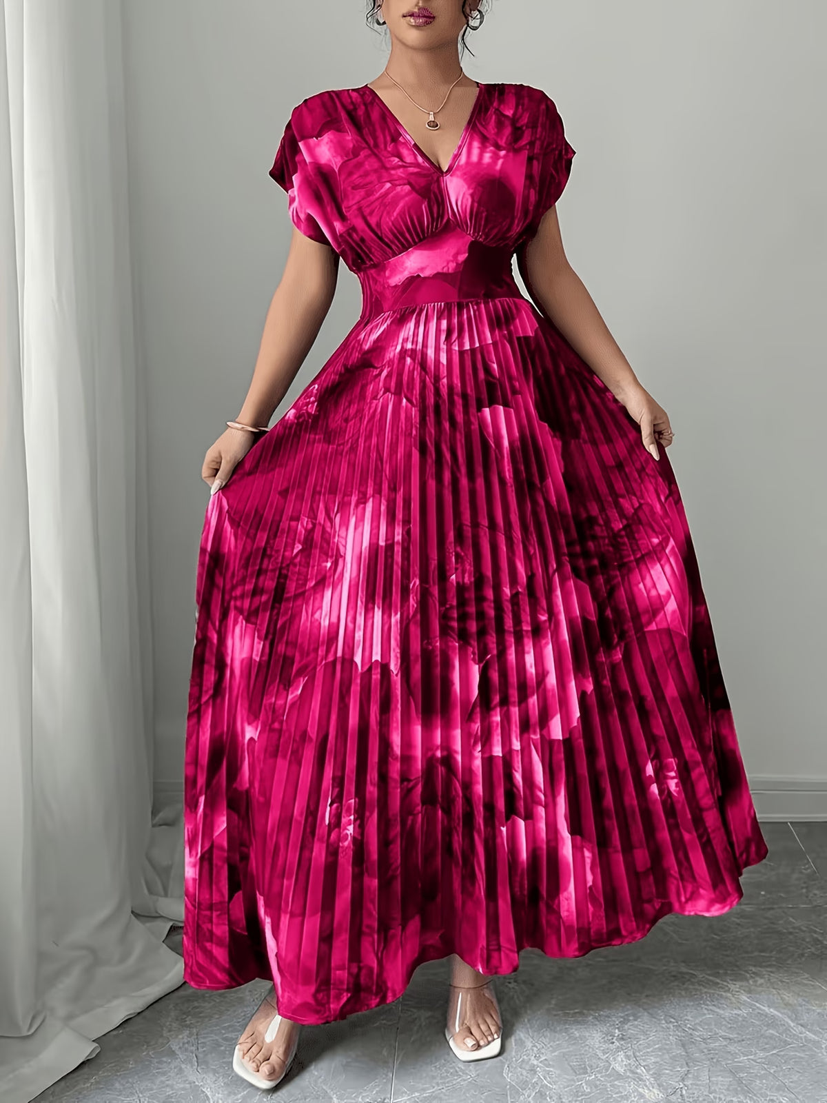 Women’s Floral Printed Pleated Maxi Dress