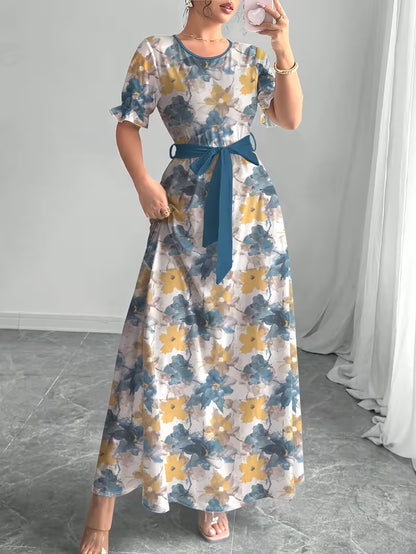 Women's Printed Belted Maxi Dress | Elegant Puff Sleeve Summer Dress