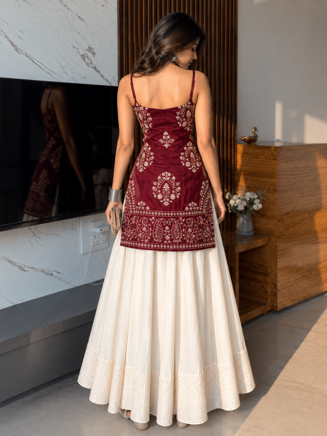 Women’s Embroidered Kurti & Flared Skirt Set