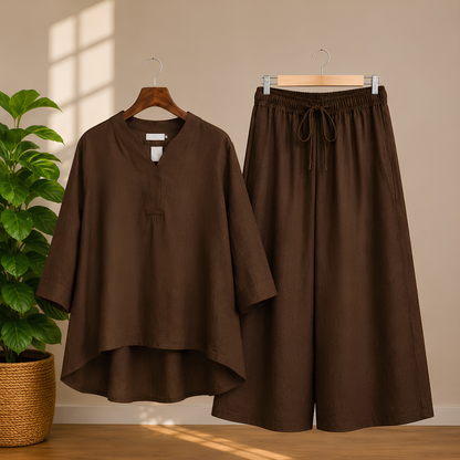 Elegant Black Kaftan Top & Wide-Leg Pants Set