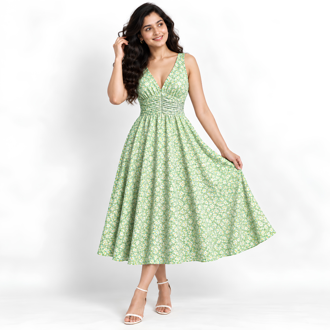 Women’s Printed Dress with Denim Shirt Set