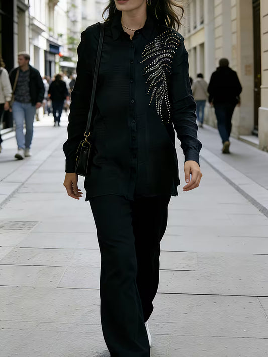 Women's Rhinestone Detail Shirt & Pants Set