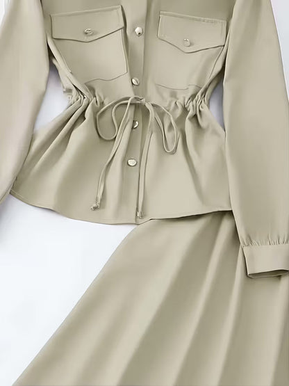 Women's Drawstring Waist Collared Top & Elastic Waist Skirt Two-Piece Set