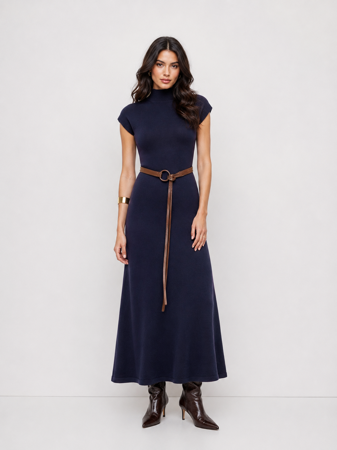 Women's Premium Belted Mock Neck Maxi Dress
