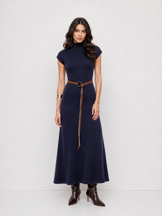 Women's Premium Belted Mock Neck Maxi Dress