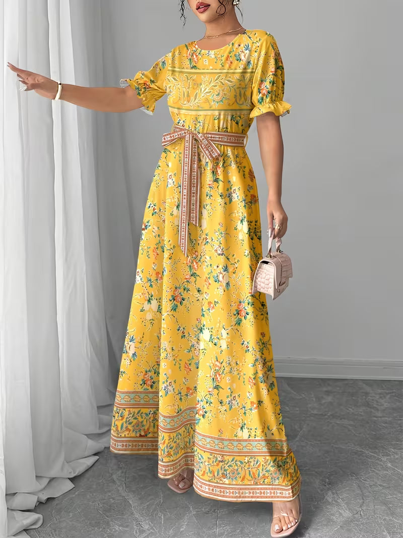 Women's Printed Belted Maxi Dress | Elegant Puff Sleeve Summer Dress