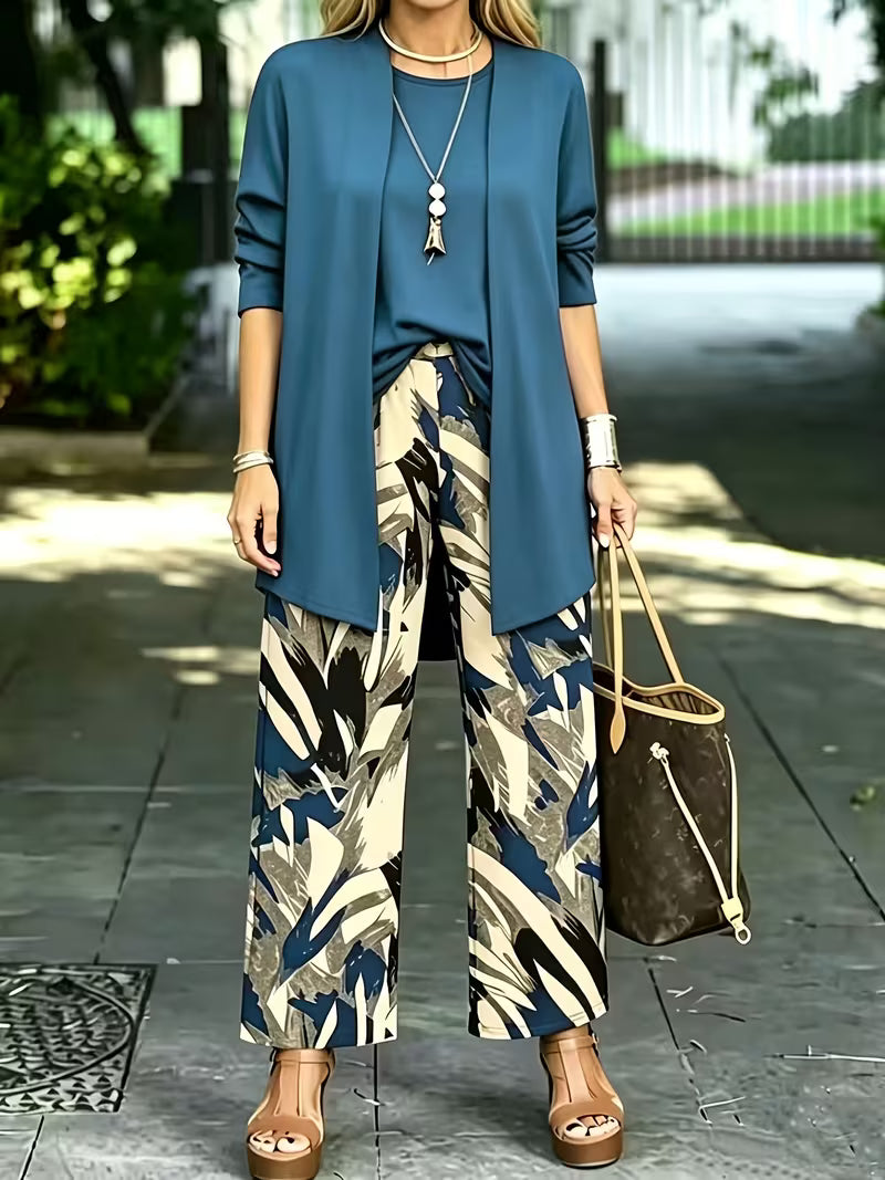 Women's 3-Piece Printed Co-Ord Set | Cardigan, Tank Top & Wide-Leg Pants