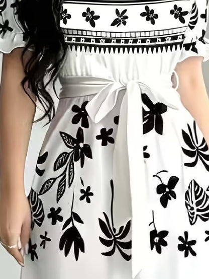 Women's Printed Belted Maxi Dress | Elegant Puff Sleeve Summer Dress
