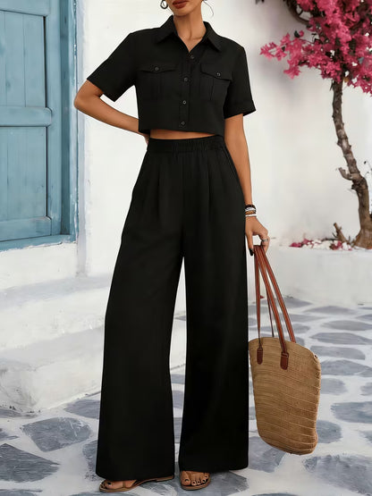 Women's Solid Lapel 2-Piece Co-Ord Set | Elegant Shirt & Wide-Leg Pants Outfit