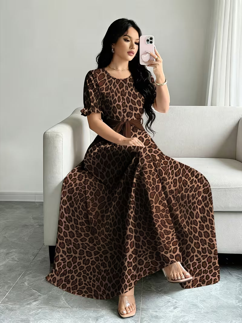Women's Printed Belted Maxi Dress | Elegant Puff Sleeve Summer Dress