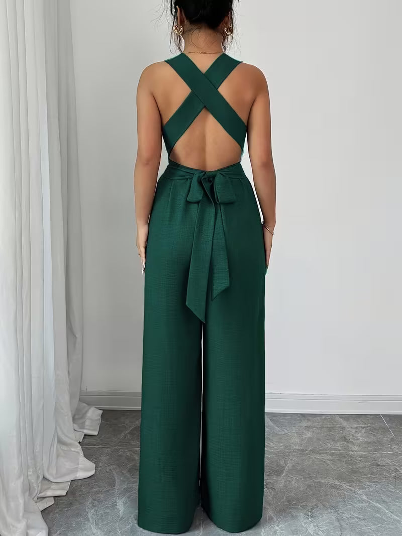 Elegant Cross-Back Wide Leg Jumpsuit for Women – Sleeveless Backless Casual Party Romper