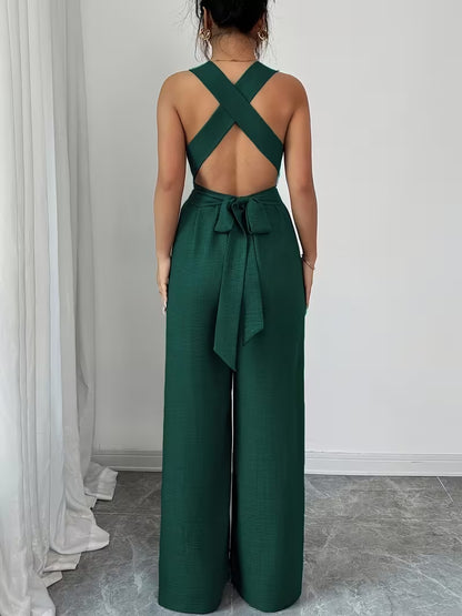 Elegant Cross-Back Wide Leg Jumpsuit for Women – Sleeveless Backless Casual Party Romper