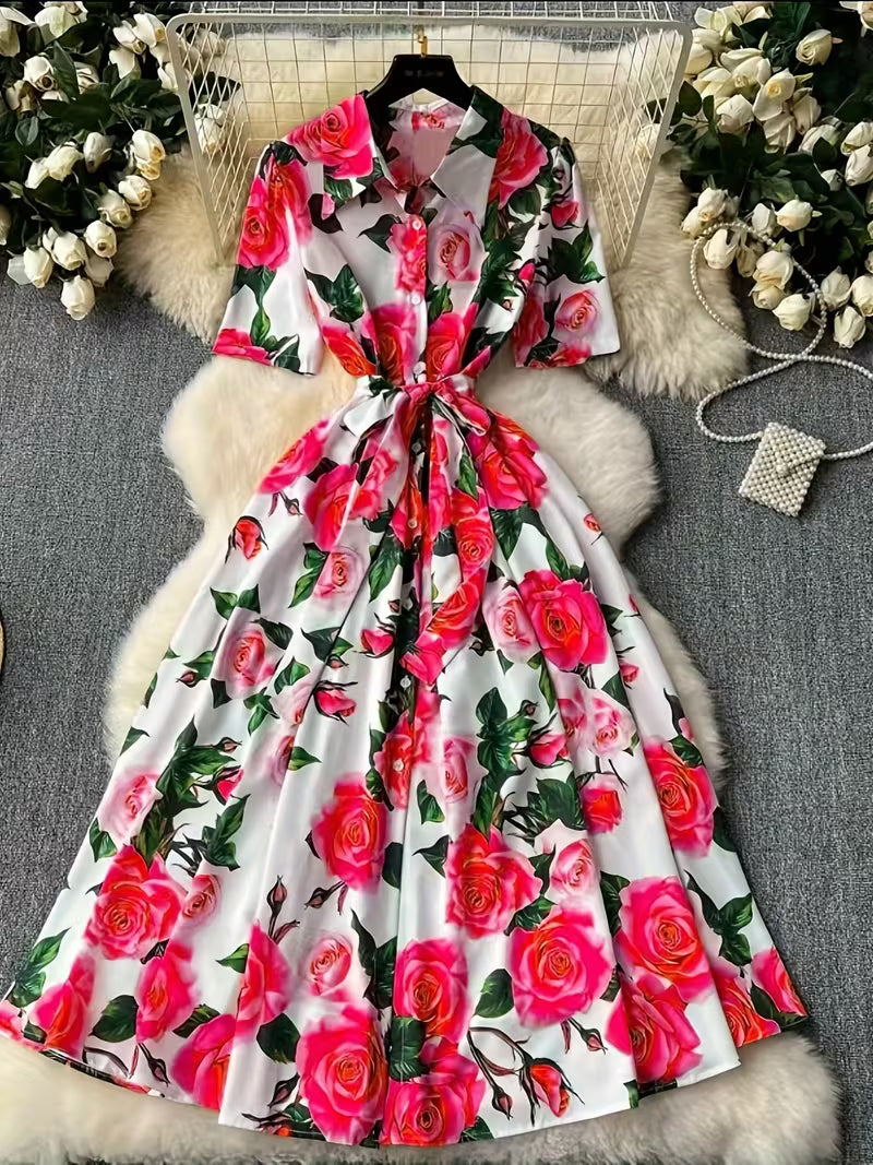 Women's Premium Floral Belted Midi Dress